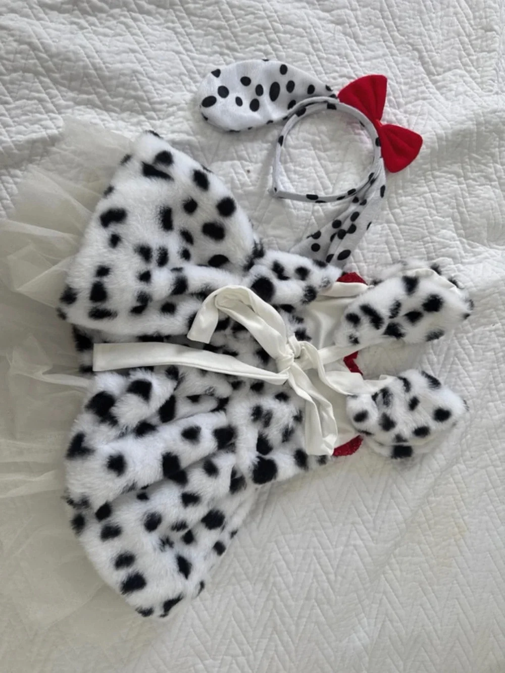 Dalmatian Spot Faux Fur Costume Dress with Red Bow Headband
